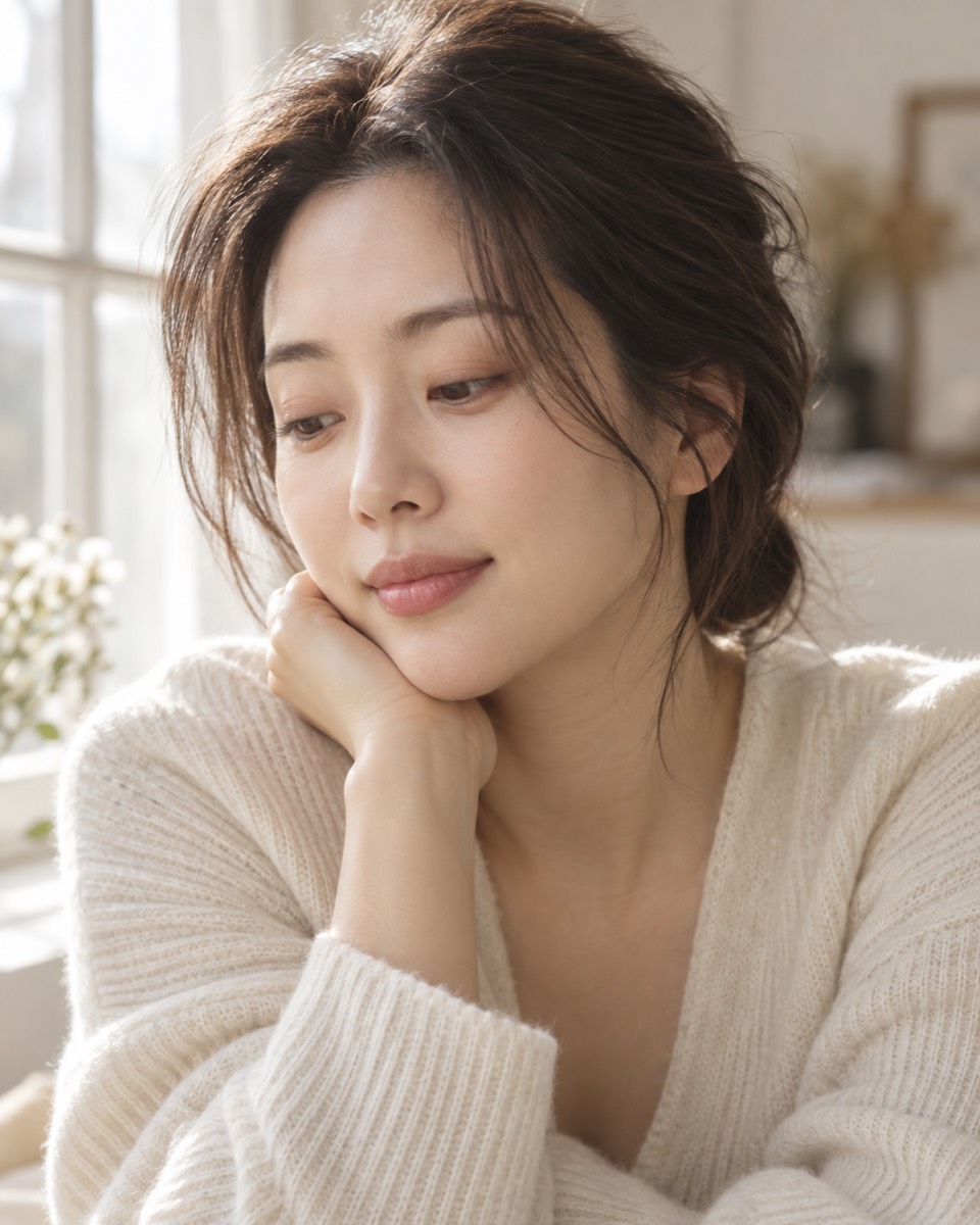 턱을 괴고 미소 짓는 여성 모델