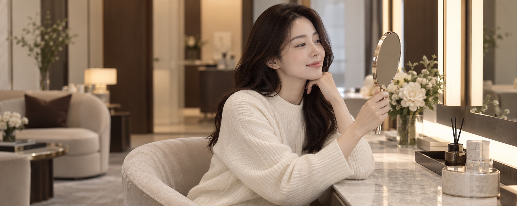 손거울로 얼굴을 살피는 여성 모델