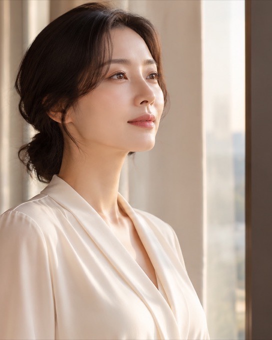 창가에서 옆모습을 보이는 여성 모델