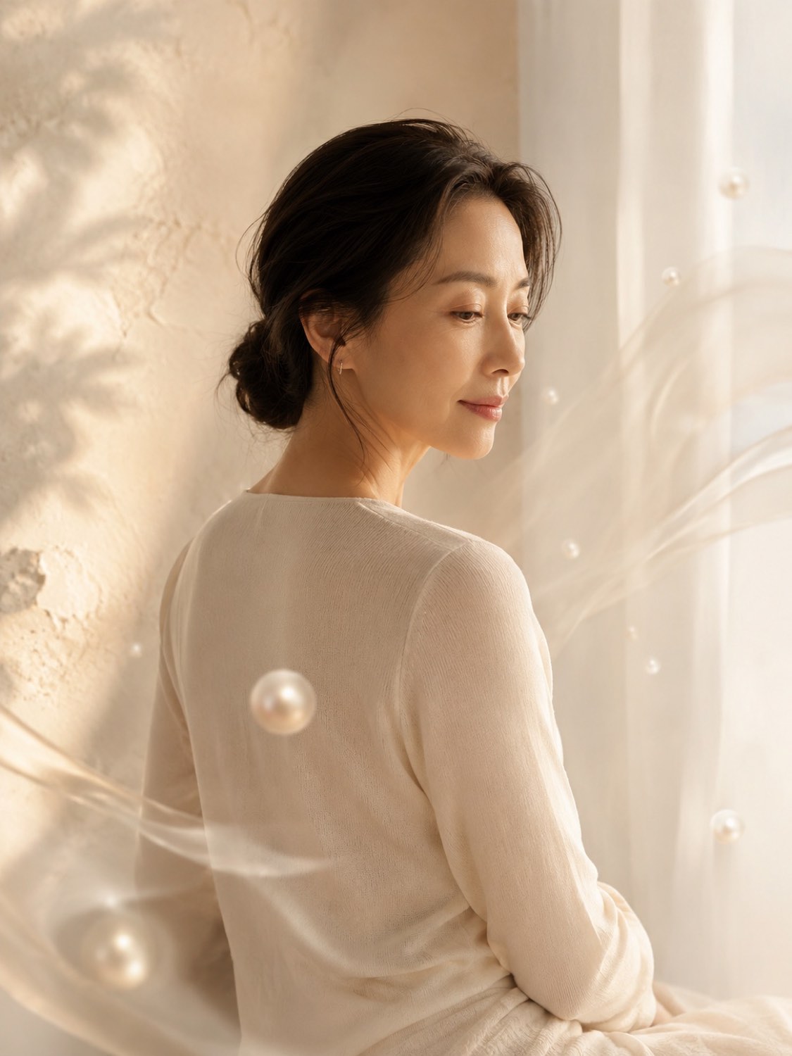창가에서 볕을 쬐며 앉아 있는 중년 여성